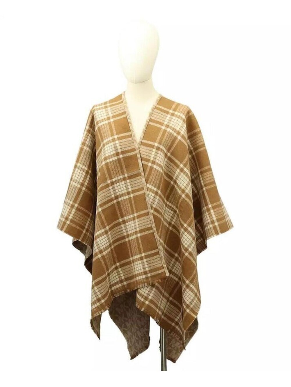 Michael Kors Womens MK Plaid Reversible Ruana Dark Cream Camel O/S NEW!!